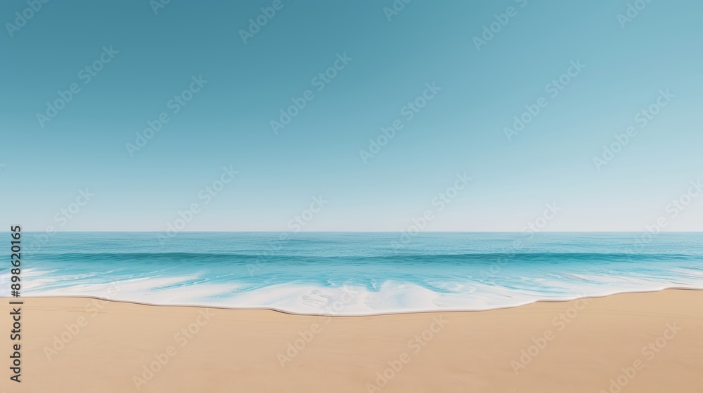 A serene beach with golden sand, gentle waves, and a clear blue sky, with copy space, high-resolution photo, cinematic image, hyper realistic A serene beach with golden sand, gentle waves, and a clear blue sky, with copy space, high-resolution photo, cinematic image, hyper realistic
