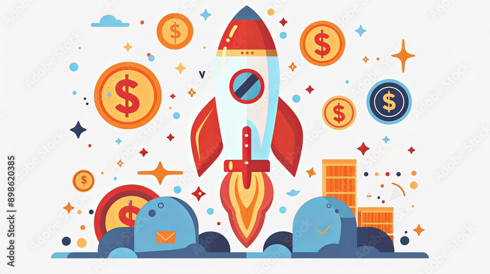 A rocket ship icon surrounded by business symbols like , coin and dollar, representing a startup launch.