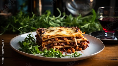 Vegetarian lasagne topped with toasted pine nuts and melting cheeses. With salad and red wine. photo