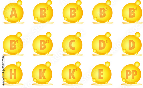 Set of Multi Vitamin complex icons. Multivitamin supplement. Vitamin A, B group B1, B2, B3, B5, B6, B9, B12, C, D, D3, E, K, H, K1, PP. Essential vitamin complex. Healthy life concept