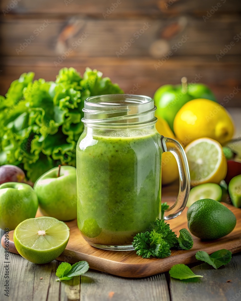Healthy green smoothie in a glass jar on the table, apples, greens, kiwi, lime, vegan, vegetarian Healthy green smoothie in a glass jar on the table, apples, greens, kiwi, lime, vegan, vegetarian