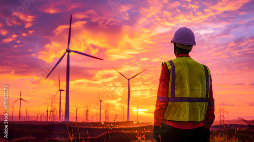 Engineer Wearing High Visibility Vest and Hard Hat Standing Near Tall Wind Turbines Silhouetted Against a Vivid Orange and Purple Sunset Sky with Cinematic Lighting and HDR