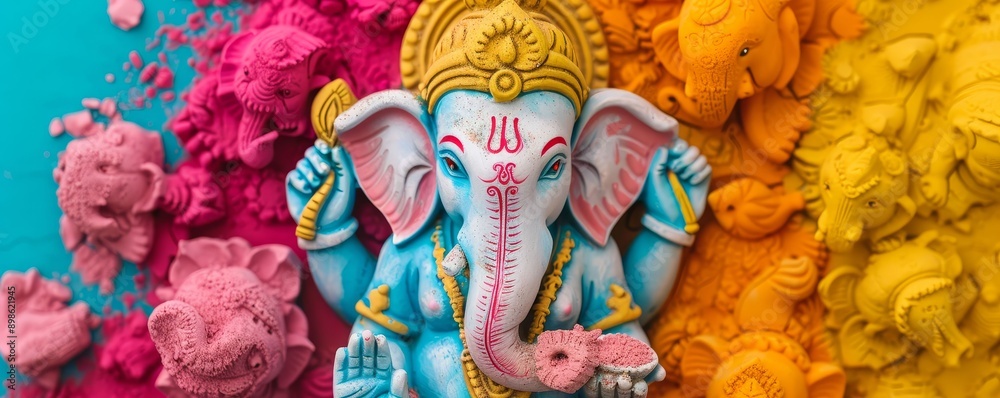 Naklejka premium Colorful Ganesha idol during Ganesh Chaturthi festival, vibrant celebration