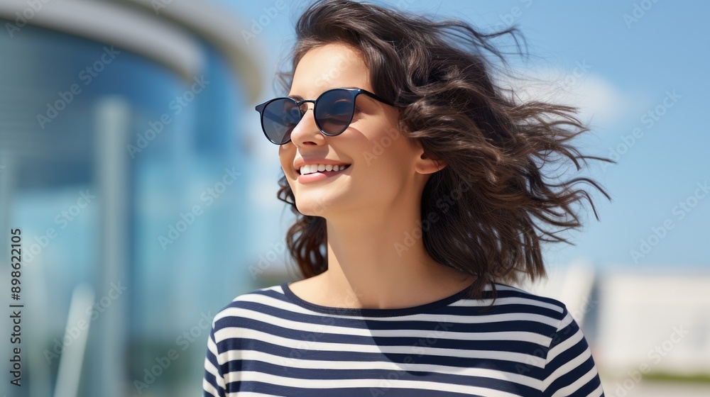 A woman wearing sunglasses and a striped shirt is smiling and looking up at the sky. Concept of happiness and relaxation, as the woman is enjoying the sunny day A woman wearing sunglasses and a striped shirt is smiling and looking up at the sky. Concept of happiness and relaxation, as the woman is enjoying the sunny day