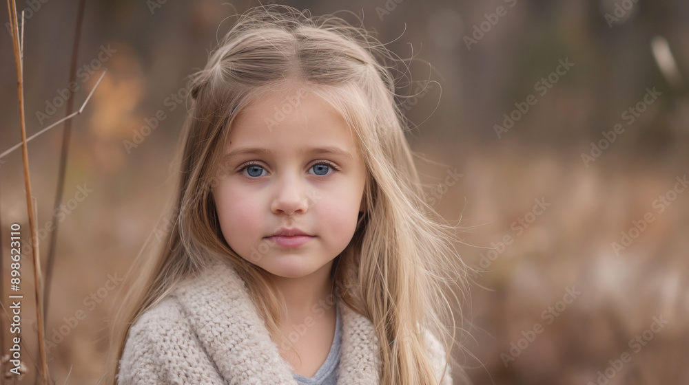 Innocence and Wonder: A portrait of a young girl with captivating blue eyes, her blonde hair cascading down her shoulders, as she gazes intently into the camera, evoking a sense of childhood curiosity Innocence and Wonder: A portrait of a young girl with captivating blue eyes, her blonde hair cascading down her shoulders, as she gazes intently into the camera, evoking a sense of childhood curiosity