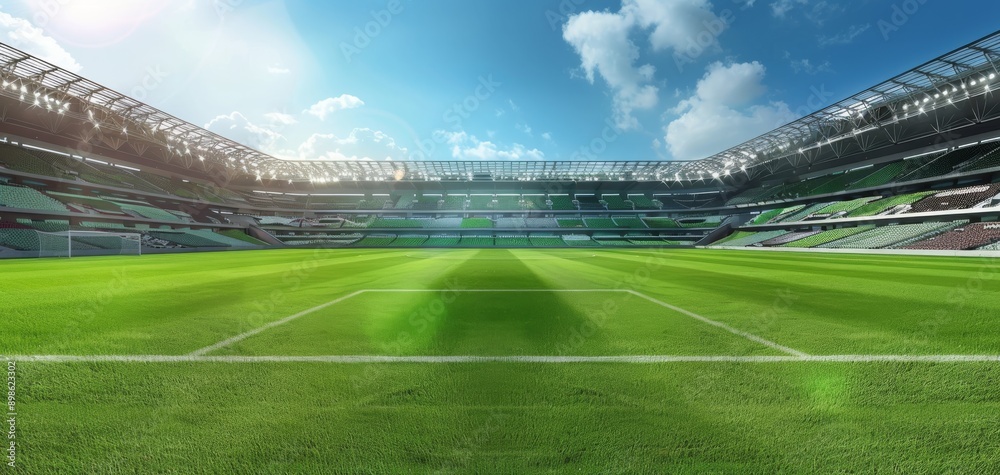 Panoramic view of a modern stadium with lush green grass under a bright blue sky, perfect for virtual sports and event background use. Panoramic view of a modern stadium with lush green grass under a bright blue sky, perfect for virtual sports and event background use.