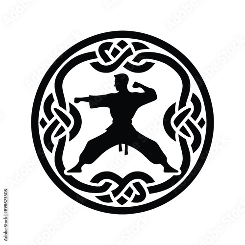 kungfu, Tai Chi  male player in celtic knot pattern illustration, emblem shield badge