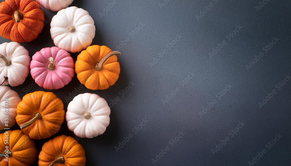 Orange, white and pink pumpkins, gourds against black background, vibrant autumnal display. Beautiful autumn vegetables. Fall Thanksgiving decor. Farm harvest. Top view Orange, white and pink pumpkins, gourds against black background, vibrant autumnal display. Beautiful autumn vegetables. Fall Thanksgiving decor. Farm harvest. Top view
