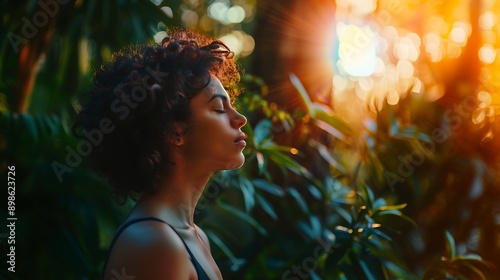 A person practicing deep breathing exercises in a serene setting, their face calm and focused.