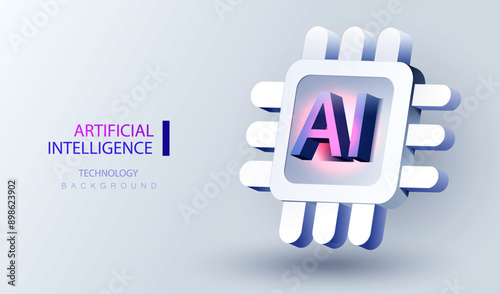 CPU ai banner. Futuristic 3d cartoon microchip processor background. Quantum computer database concept. Central Computer Processors CPU design. Digital artificial intelligence chip vector.