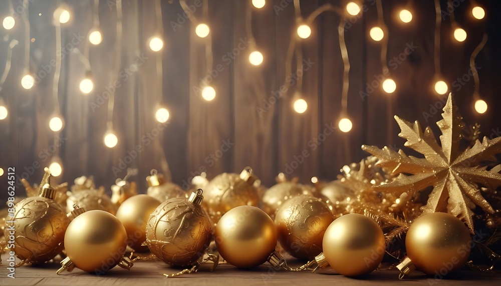 Golden Christmas Ornaments on Wooden Surface Golden Christmas Ornaments on Wooden Surface