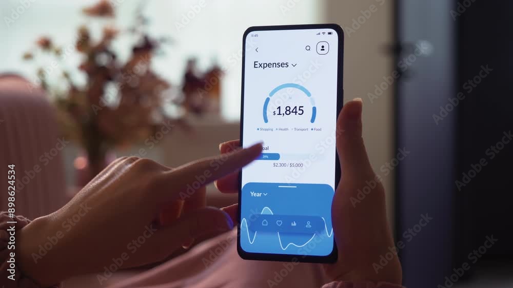 Monitoring expenses using digital banking app. Budget and expense tracking application for mobile phone. Fictional Interface.