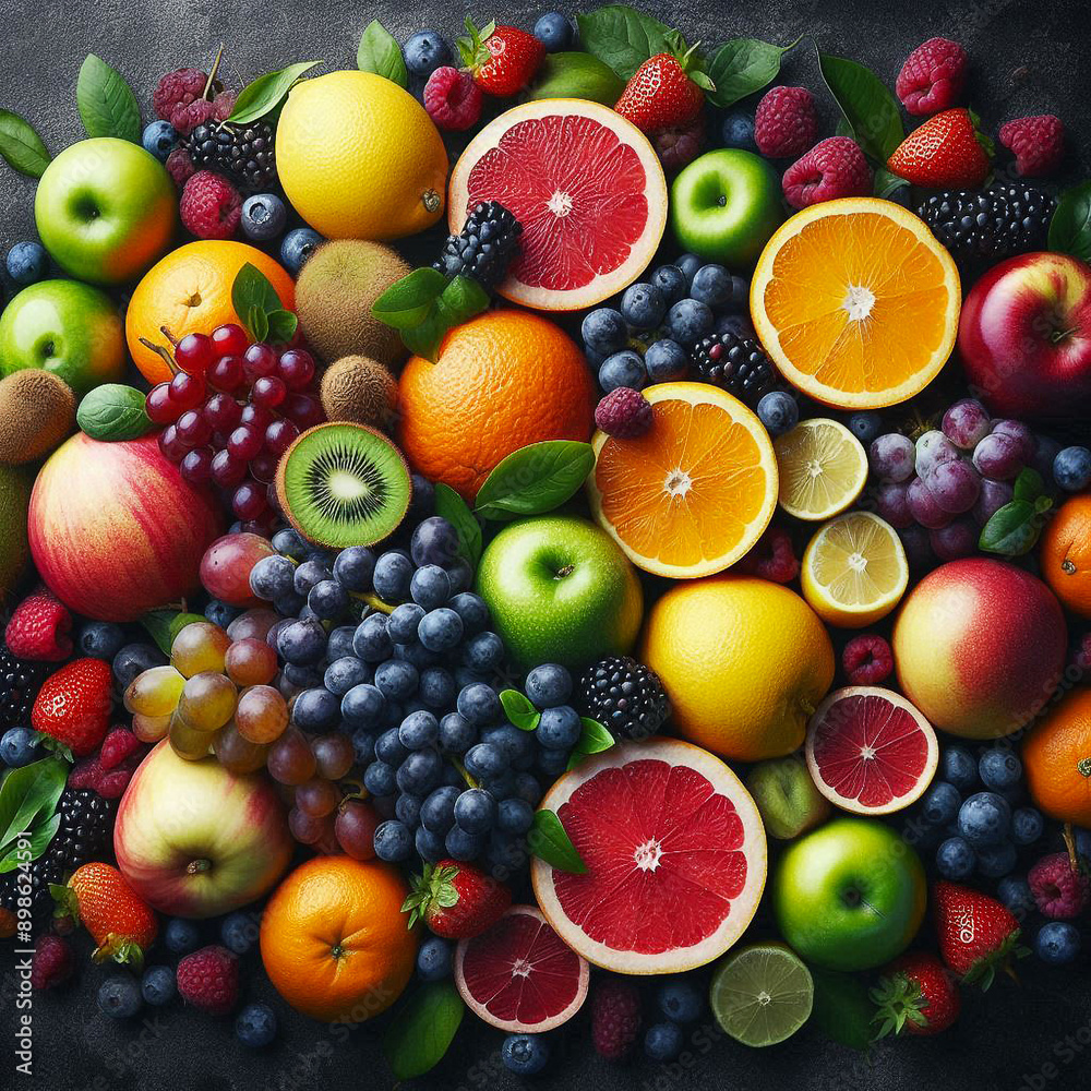 A vibrant assortment of fresh fruits, including oranges, apples, grapes, and berries, highlighting natural health and nutrition