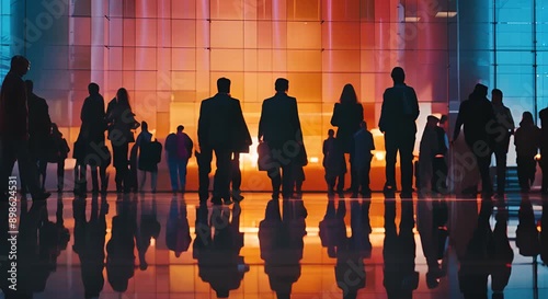 A group of people are walking in a building with a colorful background. The people are all dressed in business attire, and the building has a modern design. Scene is professional and business-like