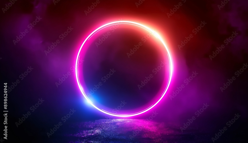 Abstract background of glowing neon lights of white pink colors on circle shaped lines on shiny reflecting stage Abstract background of glowing neon lights of white pink colors on circle shaped lines on shiny reflecting stage