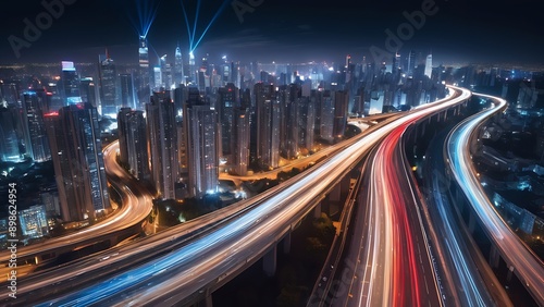 Night city skyline with vibrant traffic lights amidst skyscrapers; suitable for urbanthemed designs, backgrounds, or cityscape concepts in various media projects. 2 photo