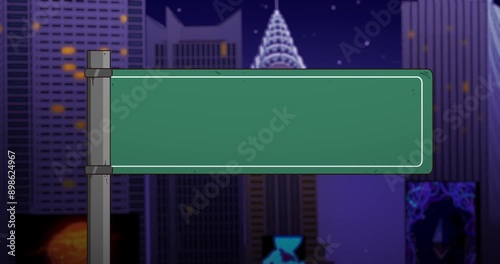 Futuristic city in the night background with street sign. Green screen overlay background.