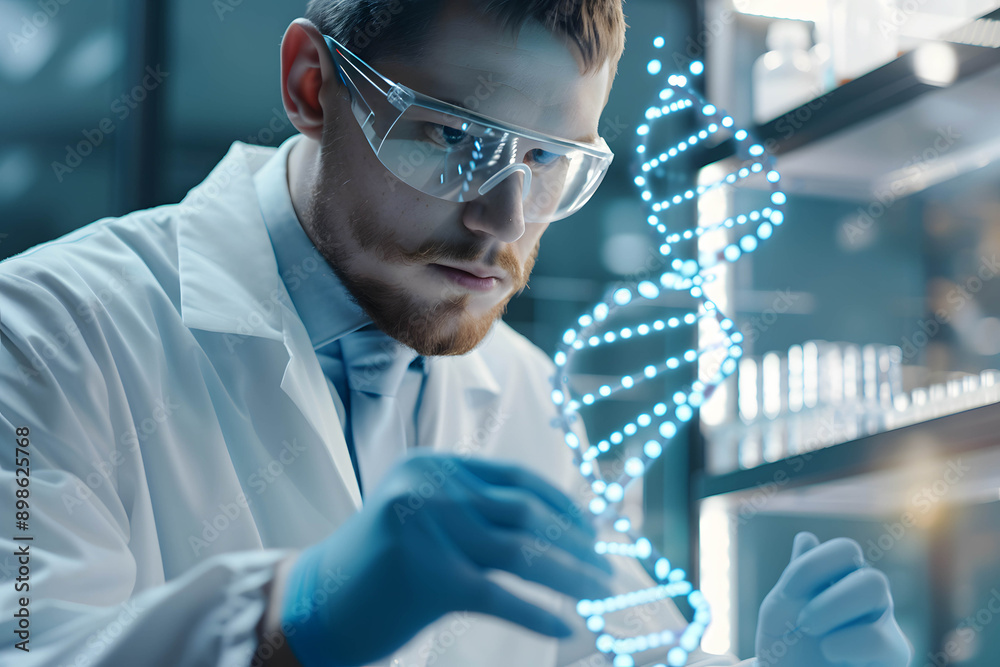 A biotech scientist in a futuristic lab working on a holographic DNA helix with vibrant, interactive visuals A biotech scientist in a futuristic lab working on a holographic DNA helix with vibrant, interactive visuals