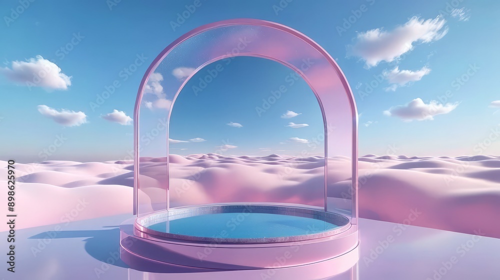 A delicate glass sculpture sits on a table in the desert, framed by a cloudy sky A delicate glass sculpture sits on a table in the desert, framed by a cloudy sky