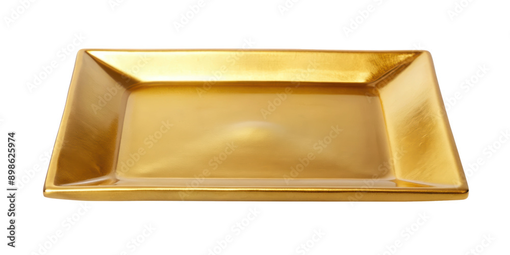 Golden Rectangular Metal Tray. A sleek and modern tray perfect for serving or decorative use, featuring a shiny, gold finish. Isolated on transparent background, png.