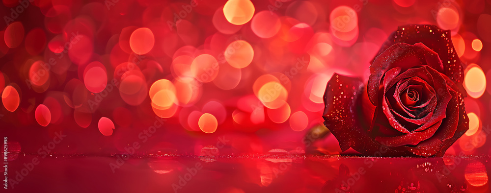 Abstract red background with heart shaped rose and bokeh lights for Valentines Day banner Abstract red background with heart shaped rose and bokeh lights for Valentines Day banner