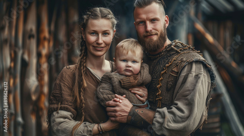 A happy man, woman and child are standing indoors in the wooden house