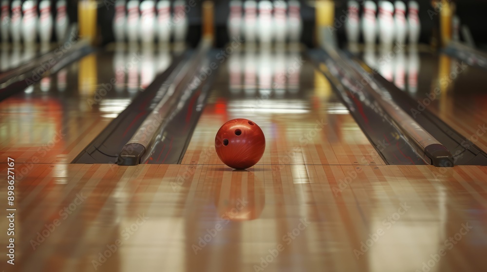 Bowling pins set up to start the game while a bowling ball rolls towards them and next to them Bowling pins set up to start the game while a bowling ball rolls towards them and next to them