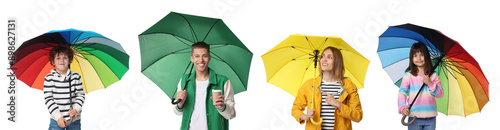 Adults and kids with bright umbrellas on white background