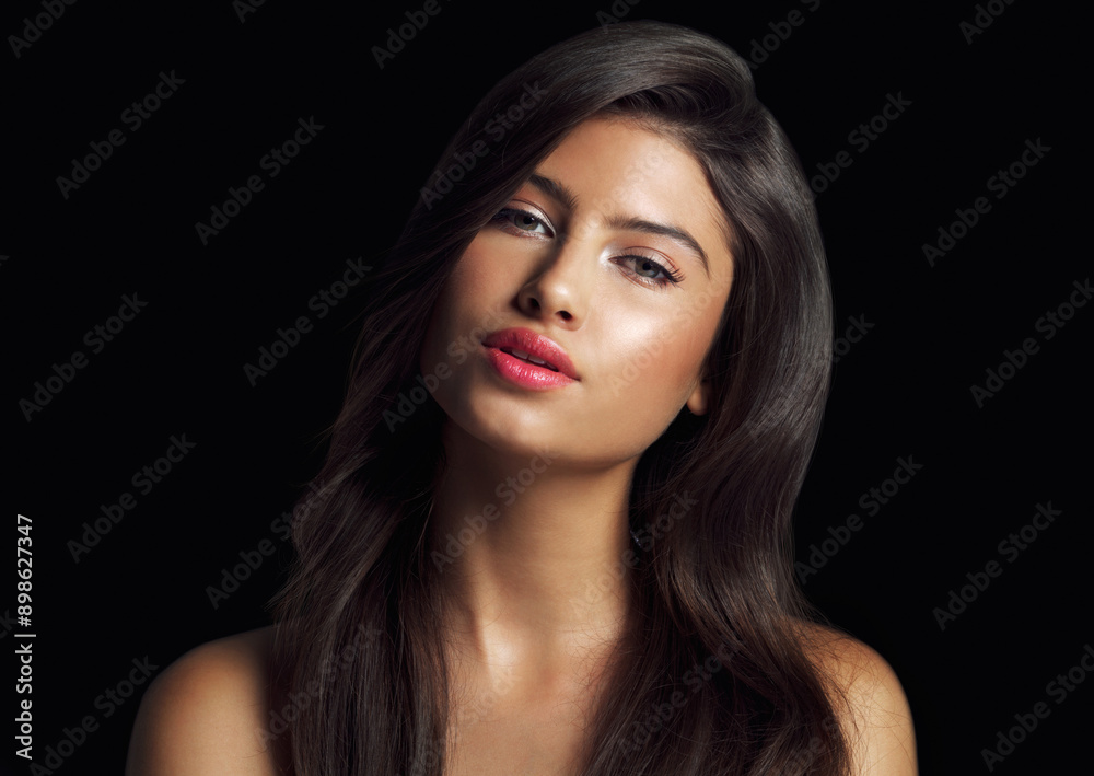 Portrait, hair care and woman with cosmetics, shine or cosmetics on black studio background. Face, person or model with glow, aesthetic or grooming routine with dermatology, beauty or salon treatment Portrait, hair care and woman with cosmetics, shine or cosmetics on black studio background. Face, person or model with glow, aesthetic or grooming routine with dermatology, beauty or salon treatment