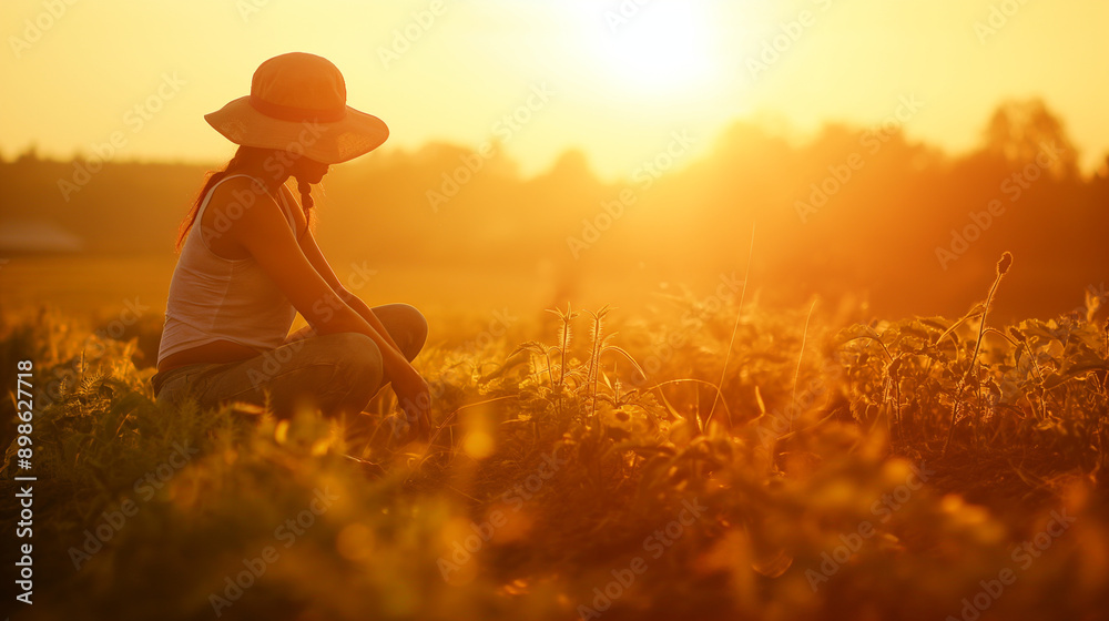 Fototapeta premium a woman sits in a field with a hat on her head.