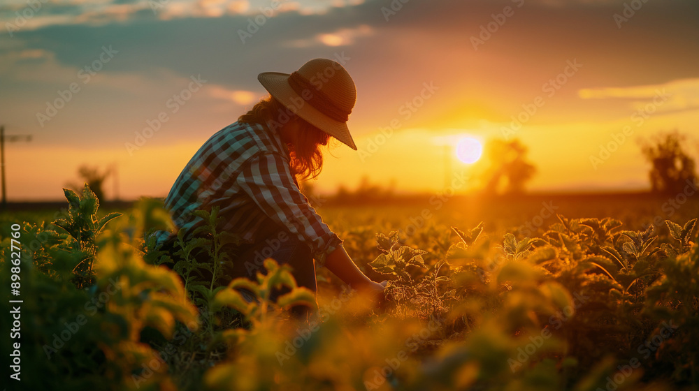 Fototapeta premium a farmer in a field at sunset