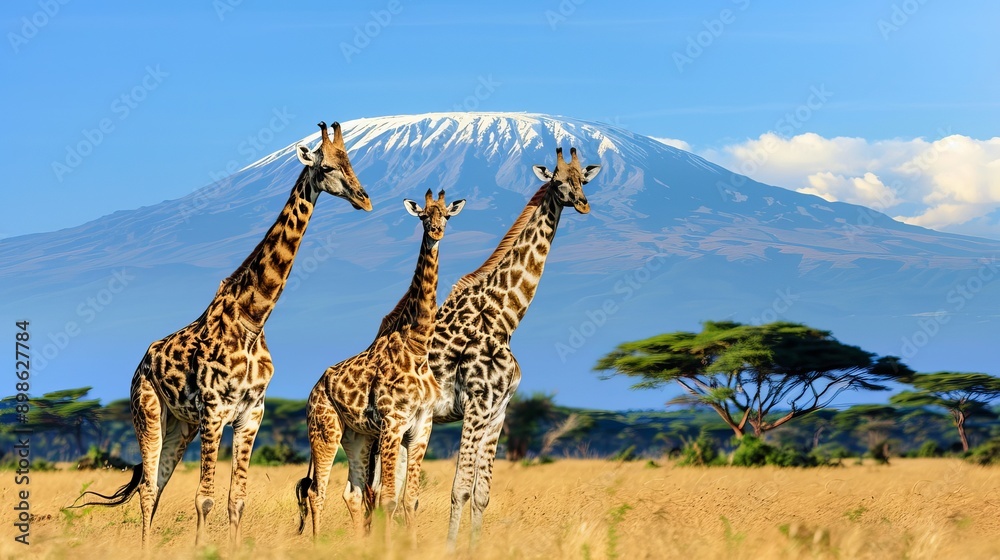 Fototapeta premium Three giraffe on Kilimanjaro mount background in National park of Kenya, Africa