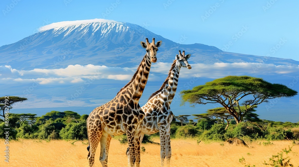 Fototapeta premium Three giraffe on Kilimanjaro mount background in National park of Kenya, Africa