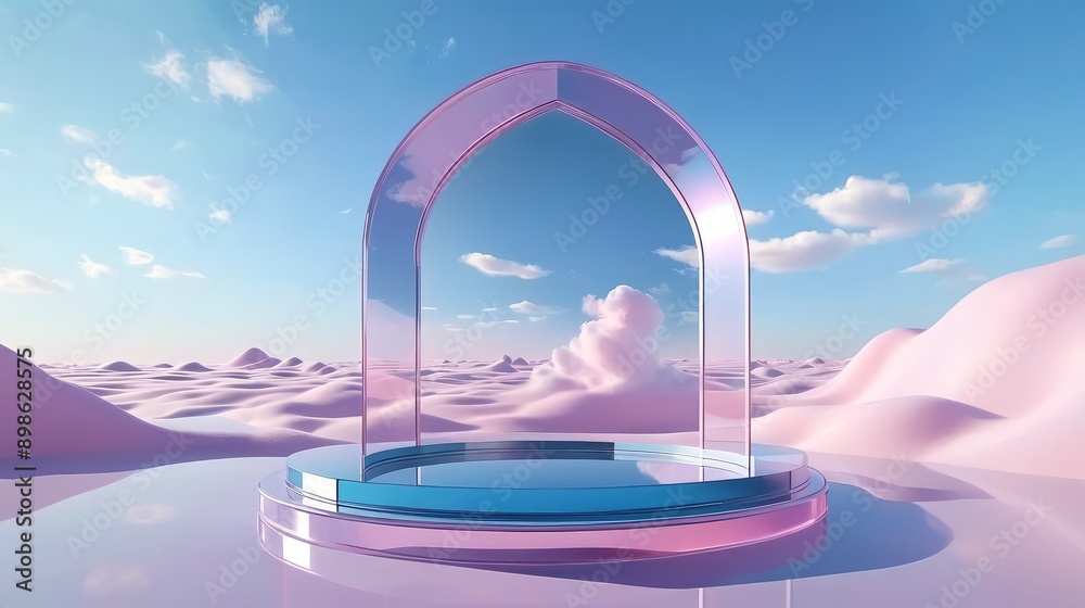A glass sculpture stands on a table in the vast desert, with a cloudy sky overhead. A glass sculpture stands on a table in the vast desert, with a cloudy sky overhead.
