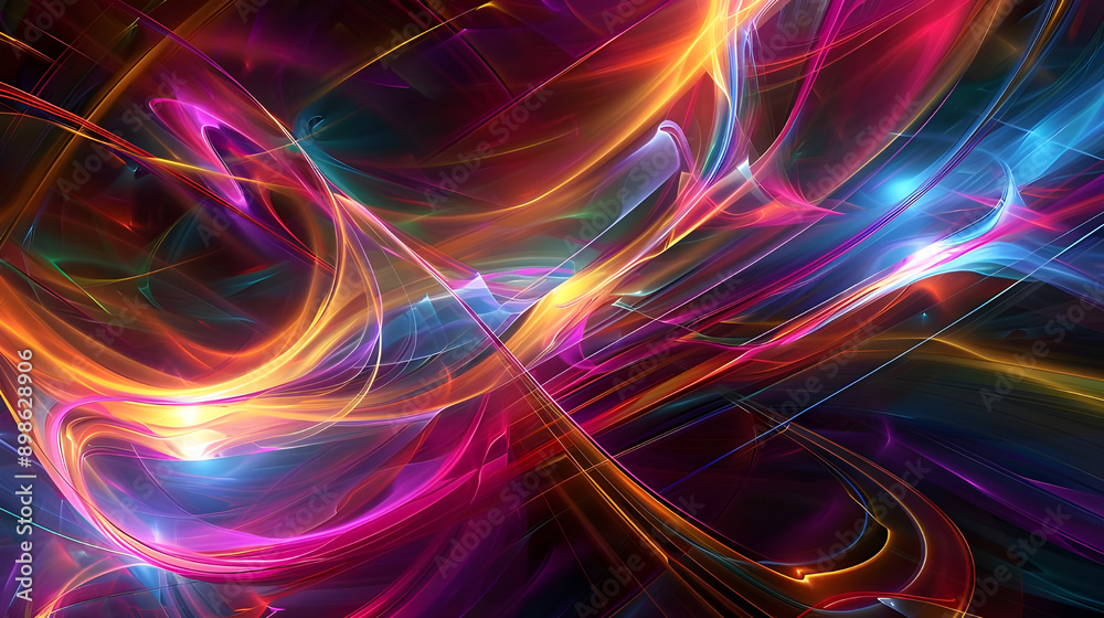 Obraz premium Vibrant abstract image featuring dynamic neon light trails in shades of pink, blue, yellow, and orange, creating a sense of motion.