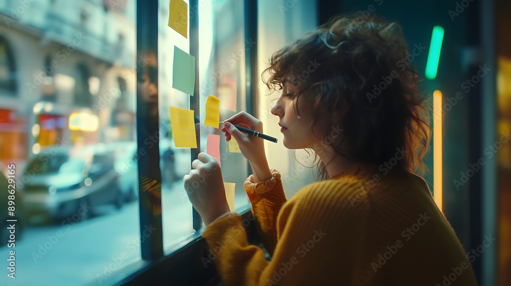 A person writing a positive affirmation on a sticky note and placing it on a mirror. A person writing a positive affirmation on a sticky note and placing it on a mirror.