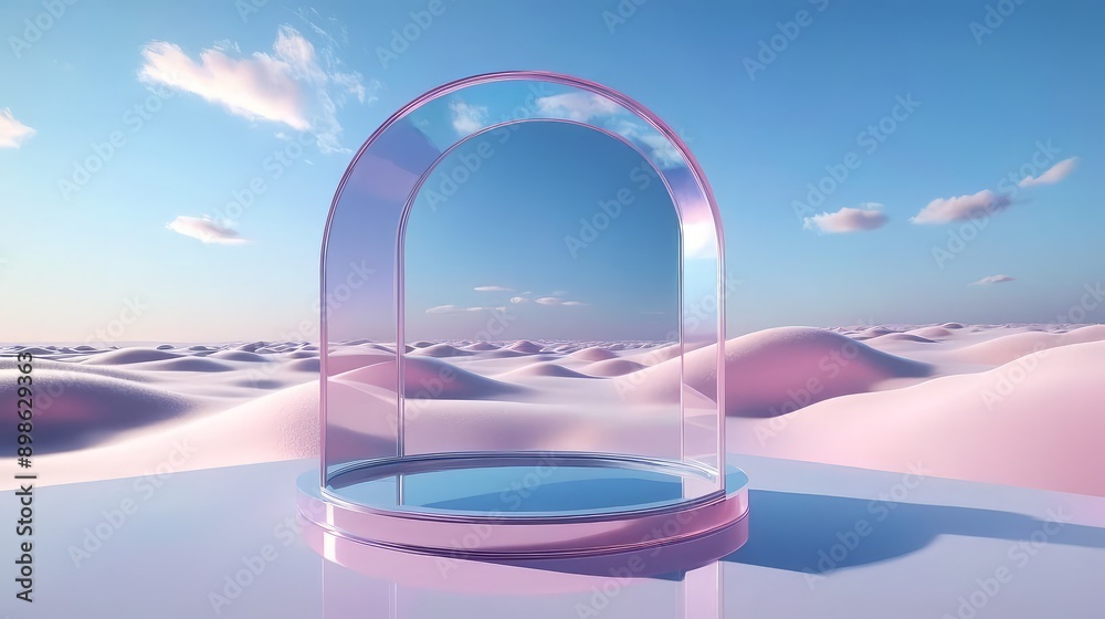 A glass sculpture stands on a table in the vast desert, with a cloudy sky overhead. A glass sculpture stands on a table in the vast desert, with a cloudy sky overhead.