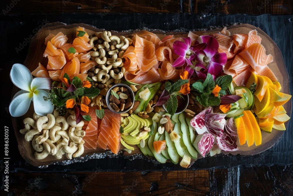 Fototapeta premium A colorful array of fresh fruits, fish, and nut garnishes arranged artistically on a rustic wooden platter, showcasing natural flavors and vibrant ingredients.
