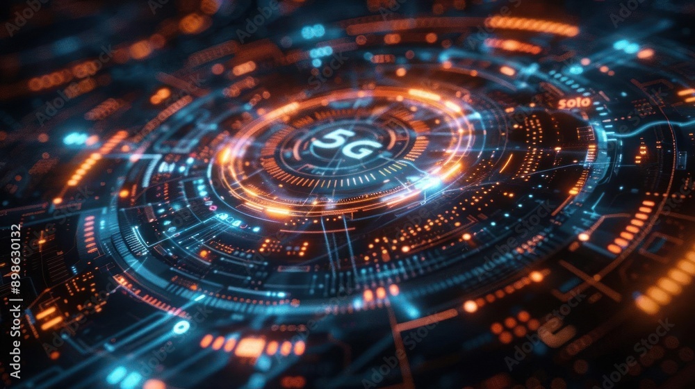 Abstract visualization of 5G technology with glowing circuits and modern graphics, representing connectivity and speed.