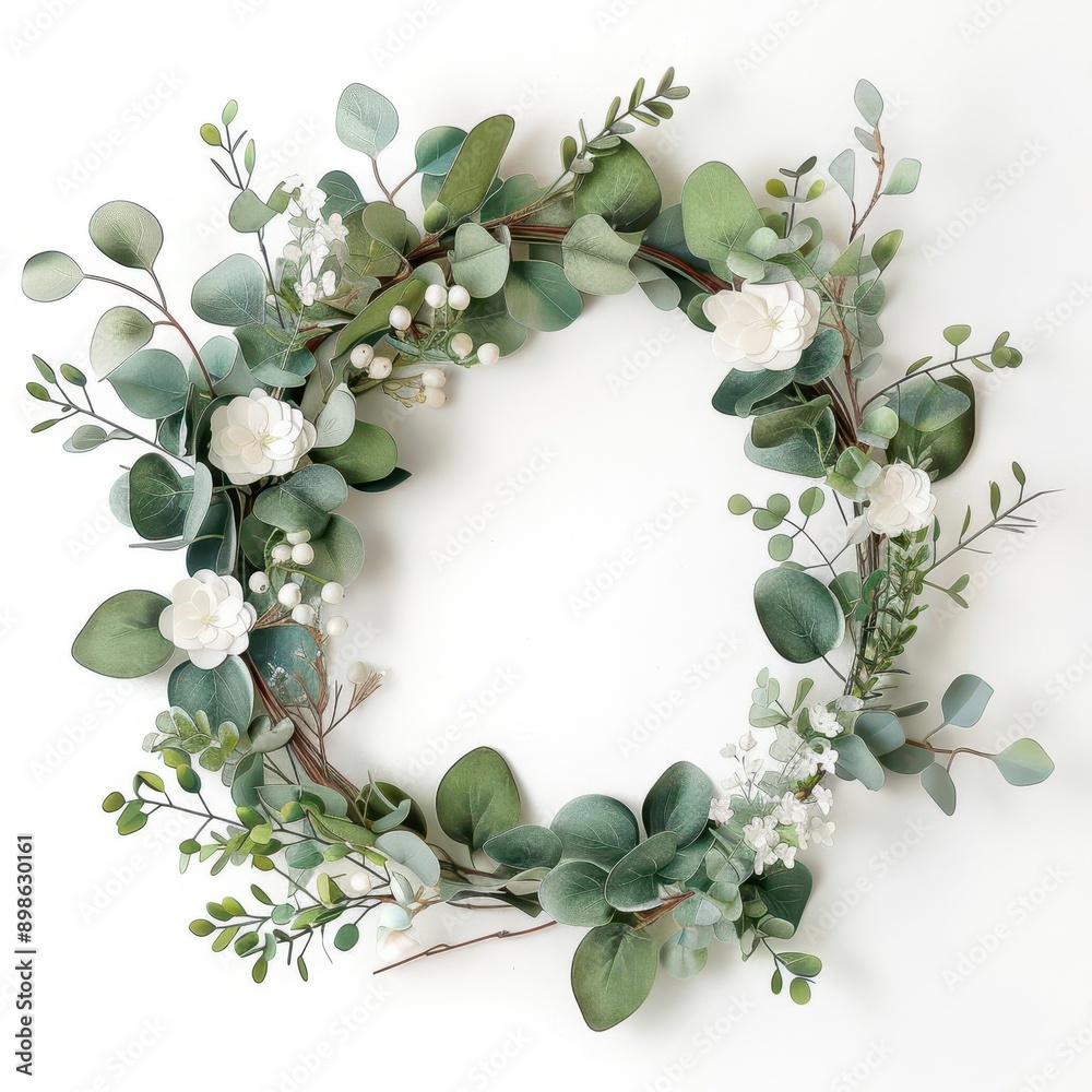 Fototapeta premium Beautiful floral wreath adorned with green foliage and white blossoms, perfect for home decor or seasonal celebrations.