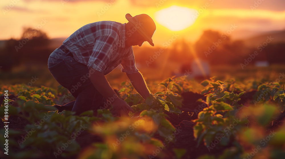 Fototapeta premium a man in a plaid shirt is picking sunflowers at sunset.