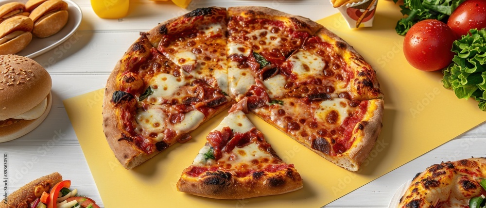 Delicious Pepperoni Pizza with Fresh Ingredients on a Wooden Table Surrounded by Burgers, Hot Dogs, and Vegetables Delicious Pepperoni Pizza with Fresh Ingredients on a Wooden Table Surrounded by Burgers, Hot Dogs, and Vegetables