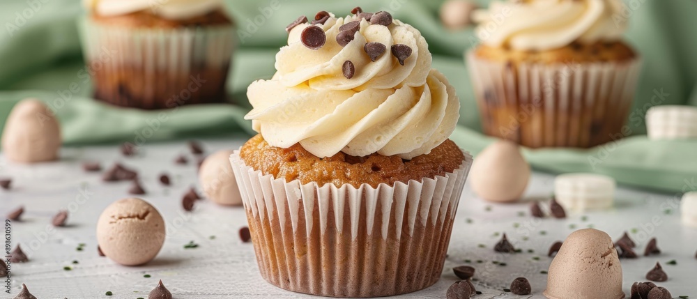 Delicious Vanilla Cupcakes with Chocolate Chips and Frosting on a Light Background Delicious Vanilla Cupcakes with Chocolate Chips and Frosting on a Light Background