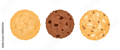 Cookies set. Biscuit with seeds, chocolate and oatmeal. Vector cartoon flat illustration.