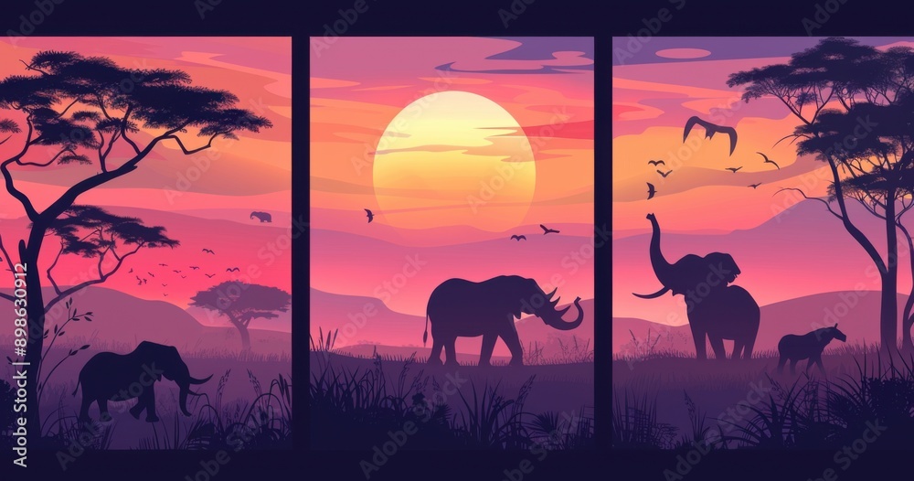 African Savannah Sunset Silhouette with Elephants African Savannah Sunset Silhouette with Elephants