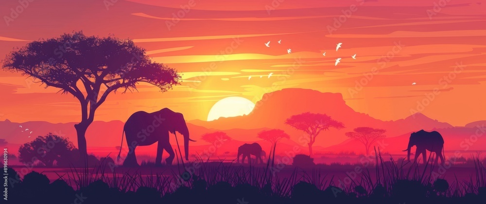 African Savannah Sunset Silhouette with Elephants African Savannah Sunset Silhouette with Elephants
