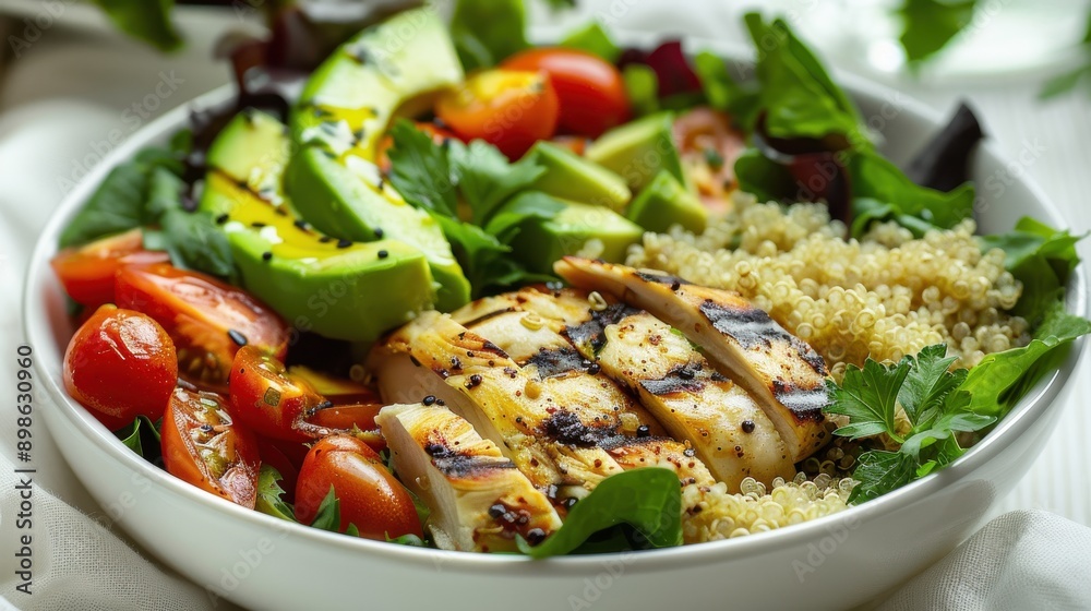 A white bowl filled with a salad of chicken, tomatoes, and avocado