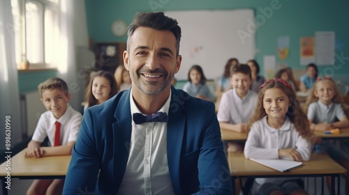 Cheerful male teacher stands in a classroom, smiling at the camera with students engaged in the background. Perfect for educational and teaching themes, showcasing a positive learning environment © Yauhen