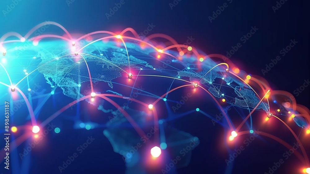 Global Tech Earth: 3D Digital Connected Network Background with Networking, Line Lights, Data Transmission, Transfer Speed, Internet, Triangle Digital Data, Worldwide Big Data Cloud