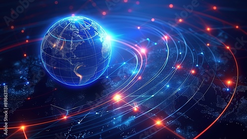 Global Tech Earth: 3D Digital Connected Network Background with Networking, Line Lights, Data Transmission, Transfer Speed, Internet, Triangle Digital Data, Worldwide Big Data Cloud